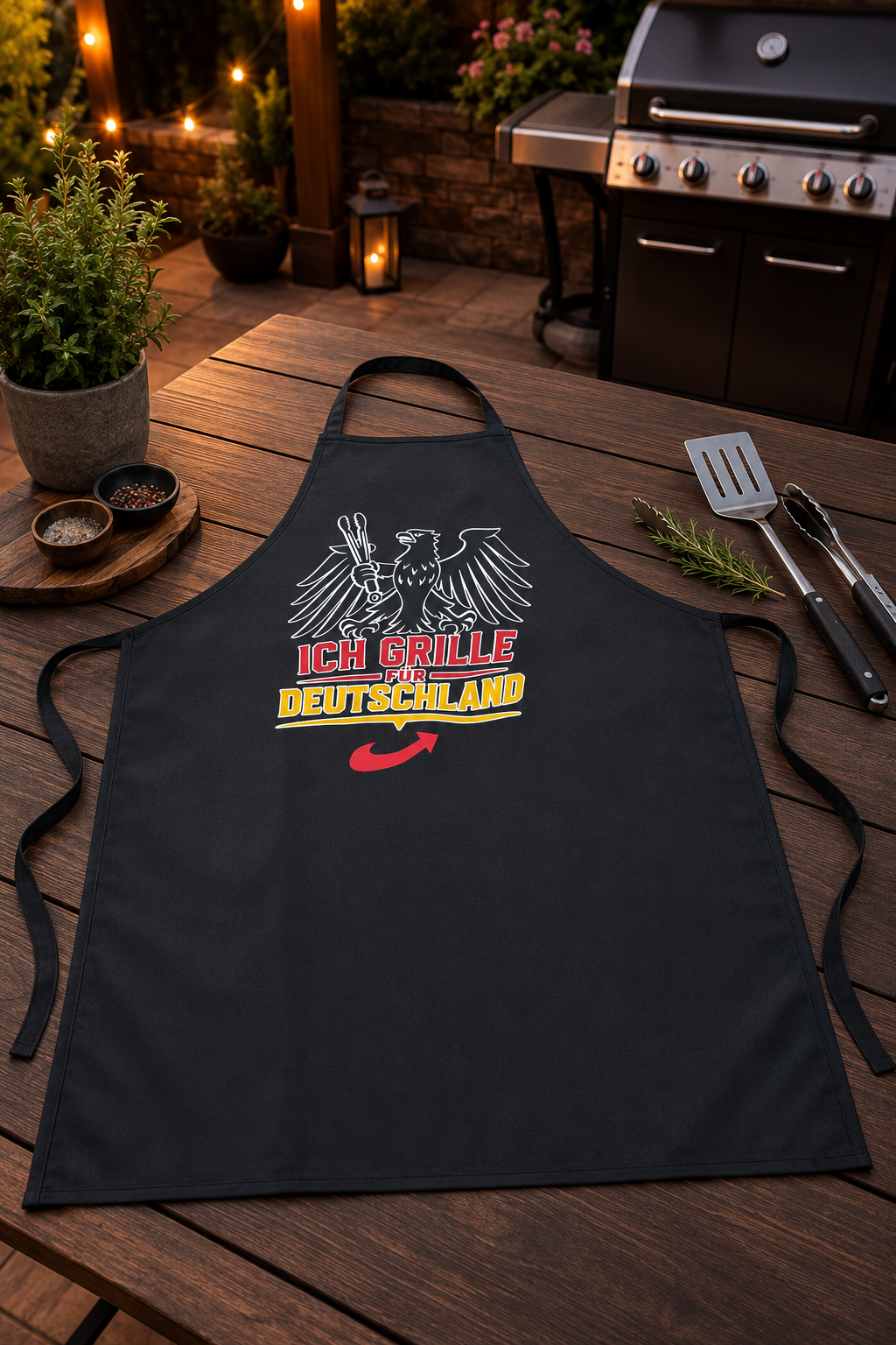 Schwarze Grillschürze mit Adler, Grillzange, rotem Pfeil und dem Schriftzug Ich grille für Deutschland