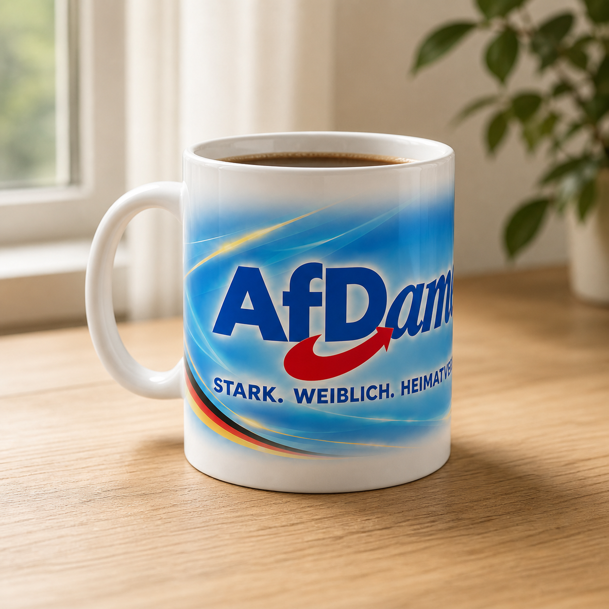 Weißer Kaffeebecher AfDame mit blauem Rundumdruck und weichem Verlauf ins Weiß, auf einem Holztisch sowie in drei Ansichten