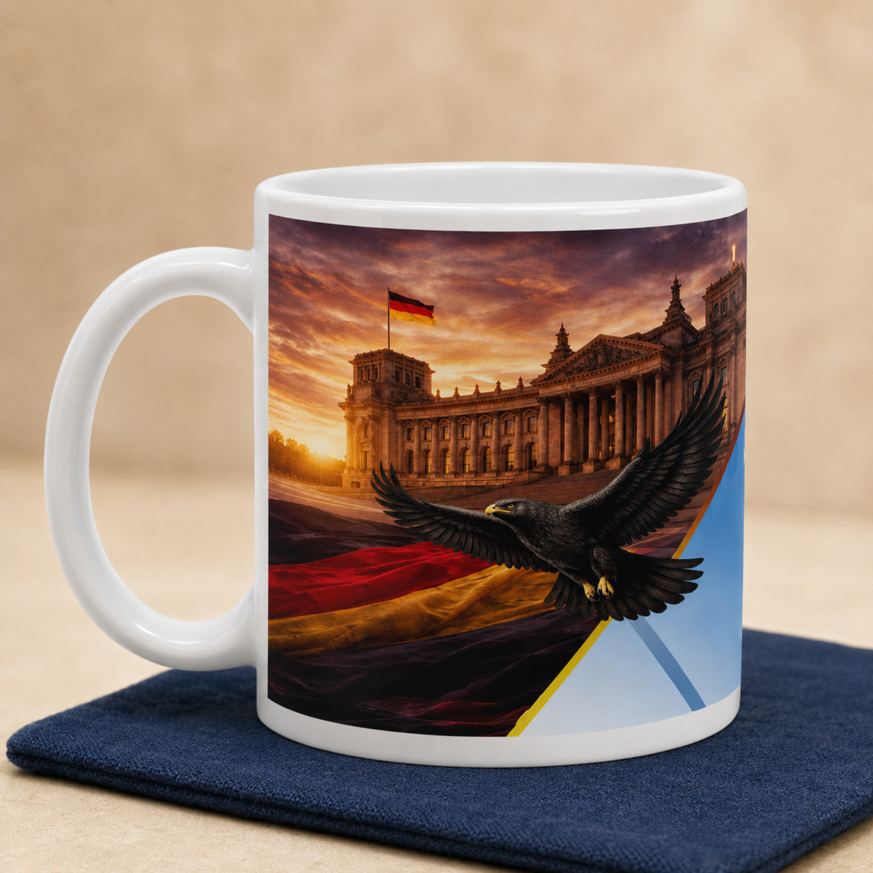 Kaffeebecher Heimat mit Schriftzug Meine Heimat, rotem Pfeil und blauem Motiv