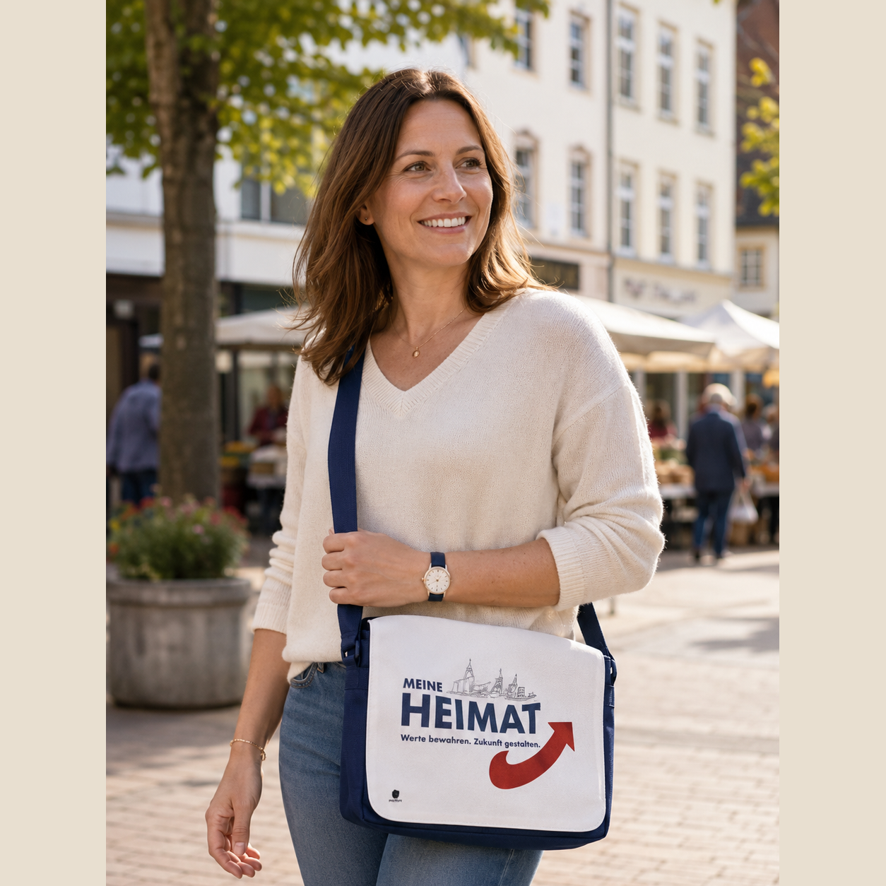 Große dunkelblaue Umhängetasche Heimat mit weißem bedrucktem Überschlag, getragen auf einem Wochenmarkt