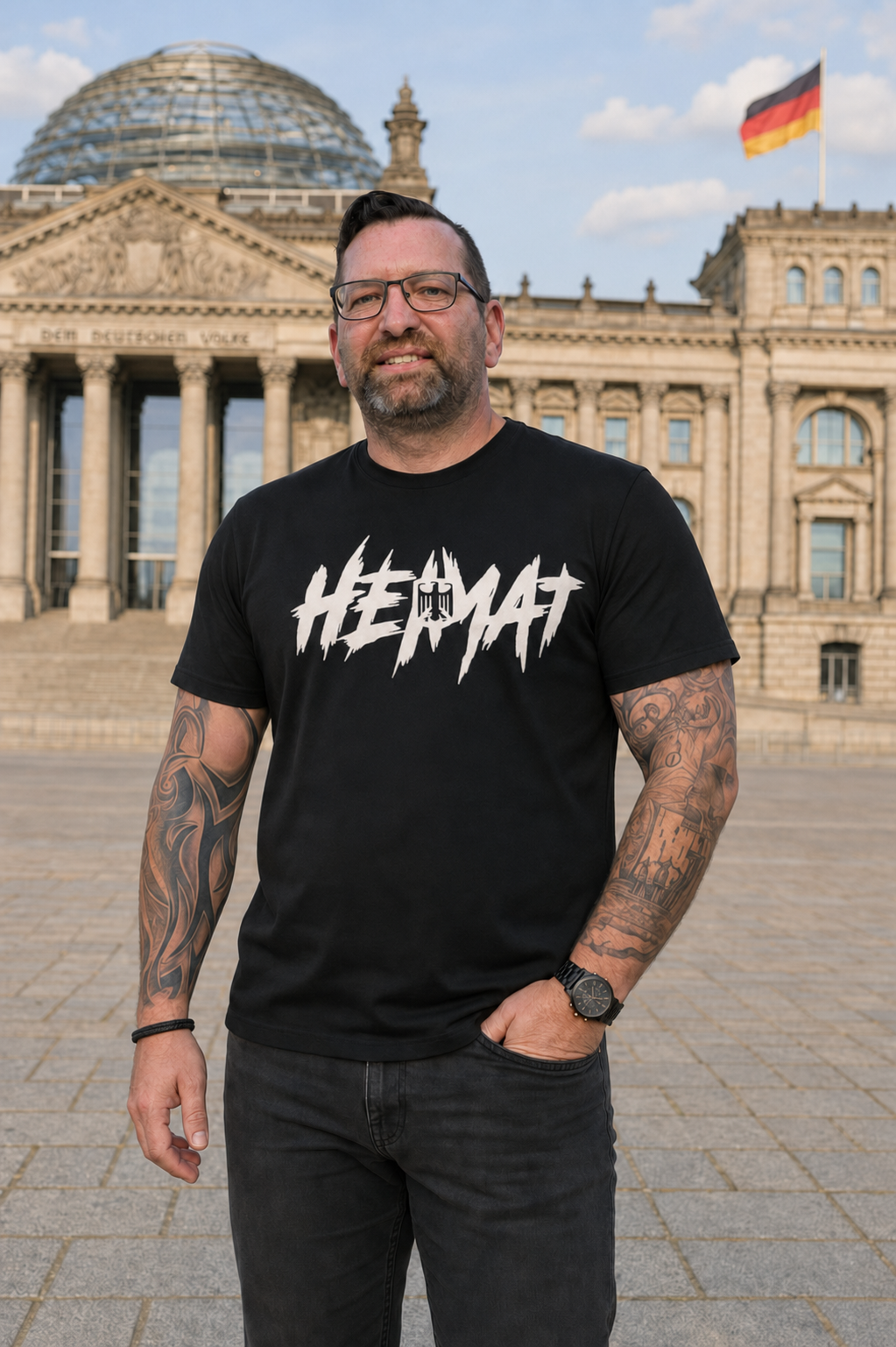 T-Shirt Heimat mit weißem Schriftzug und Bundesadler, präsentiert vor dem Reichstag