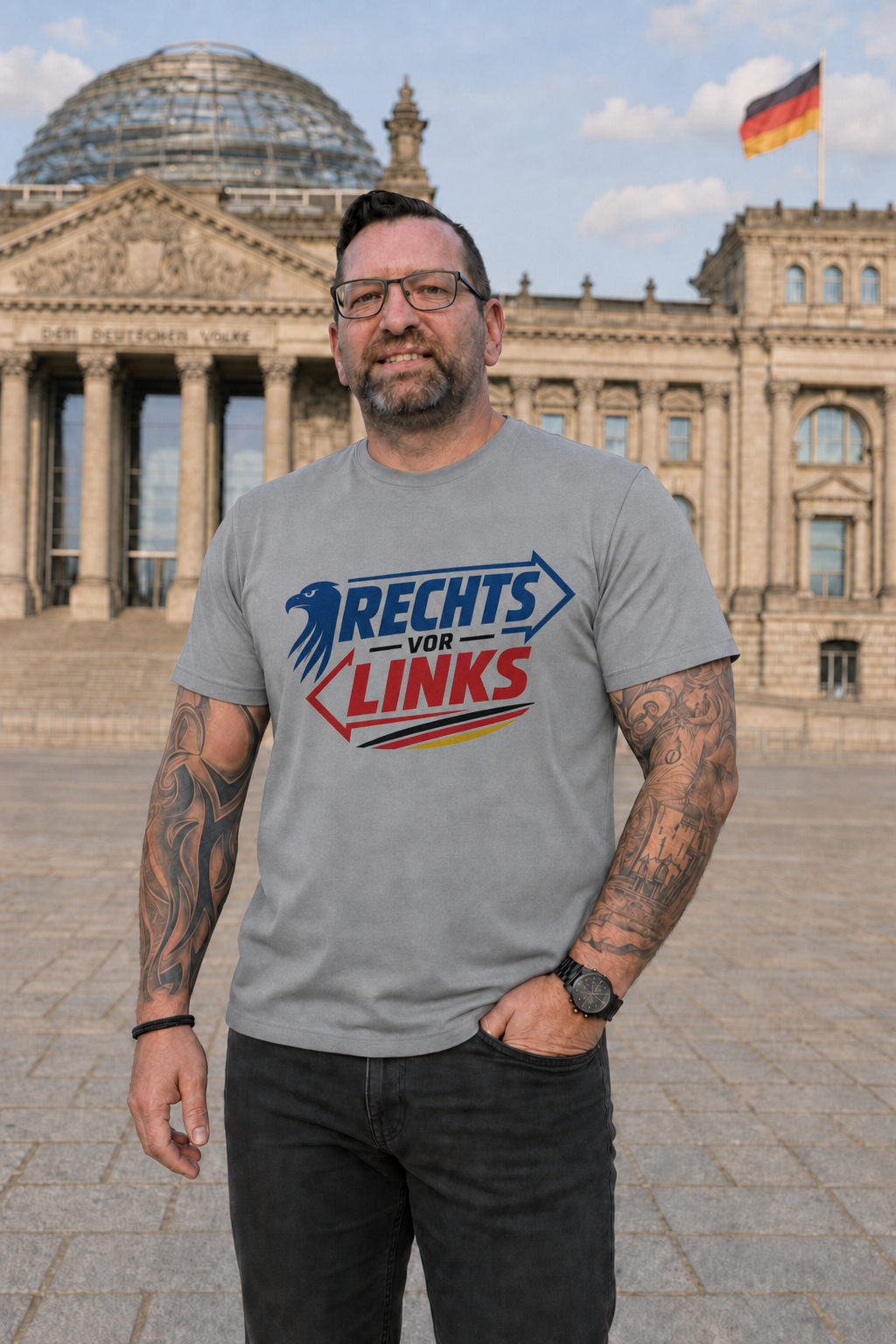 Sportgraues T-Shirt Rechts vor Links mit Adler und Schriftzug in Blau, Schwarz und Rot, präsentiert von Denis Fellner vor dem Reichstag