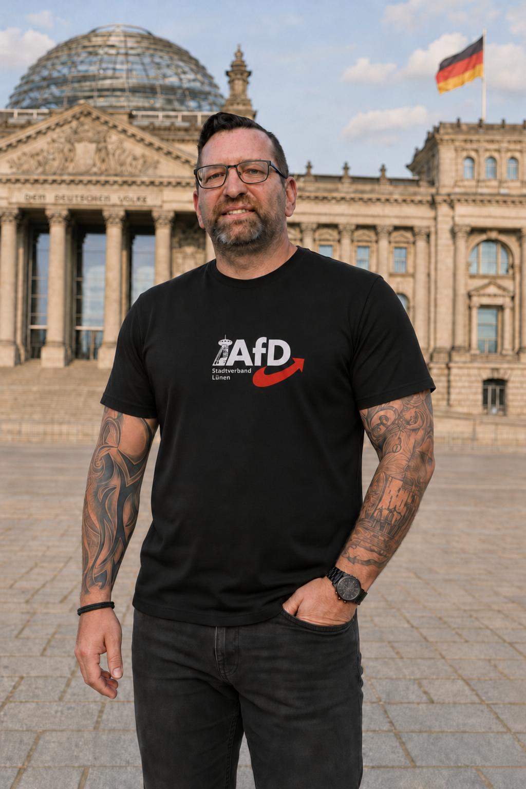 T-Shirt des AfD Stadtverbands Lünen mit Vorder- und Rückenmotiv, präsentiert von Denis Fellner vor dem Reichstag